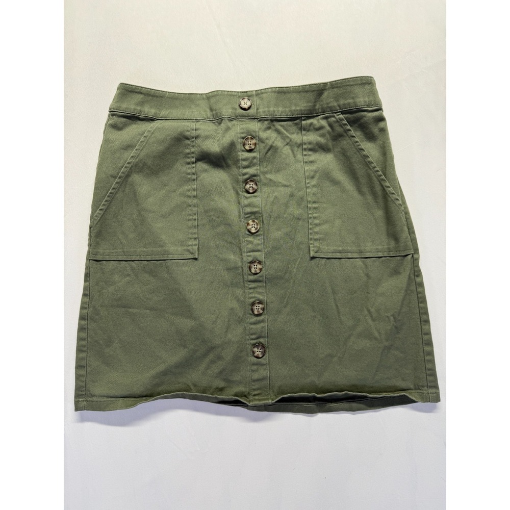 Loft Outlet Mini Skirt Womens 4P Olive Green Twill Stretch Back Zip Button Front